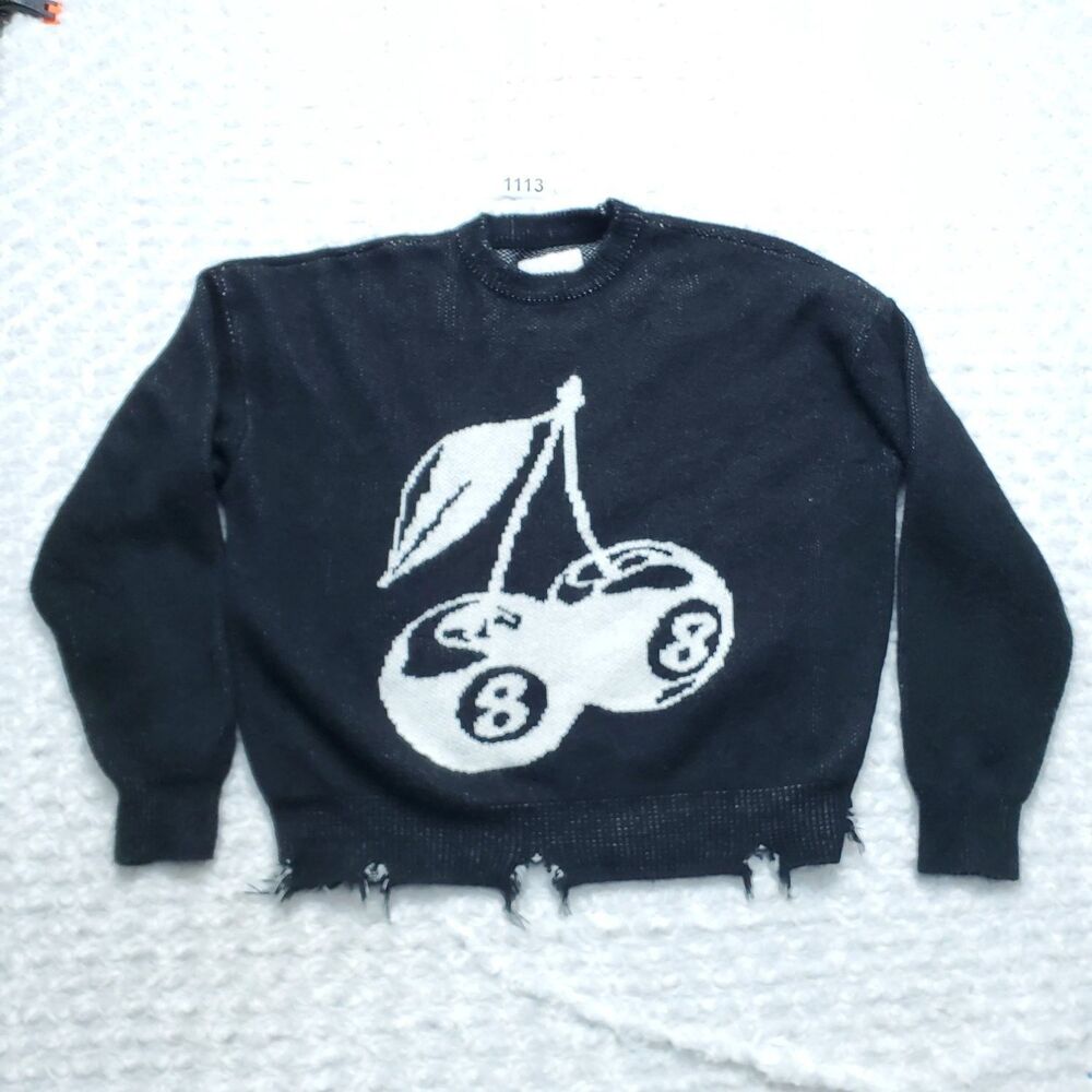 PacSun 8-Ball Cherry Distressed Hem Crewneck Knit Sweater Black Mens Size Small